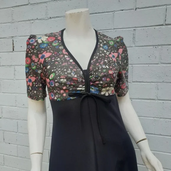 VTG 1970s Lurex Lame Metallic Floral Print Bow Maxi Cocktail Gown Dress Small 8 - Picture 4 of 9